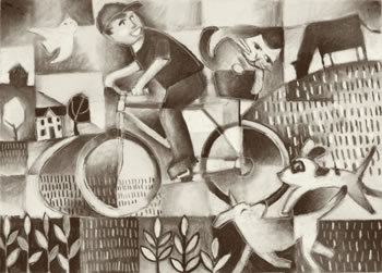 charcoal drawing of cyclist with cat in the trunk of the bike, being followed by two happy dogs