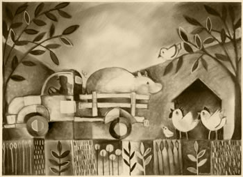 charcoal drawing of pig in back of truck...leaving the farm, because he got too fat