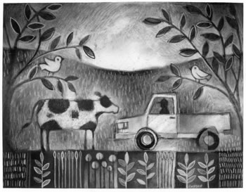charcoal drawing of cow standing in the middle of the road.  Blocking a farmer in a truck