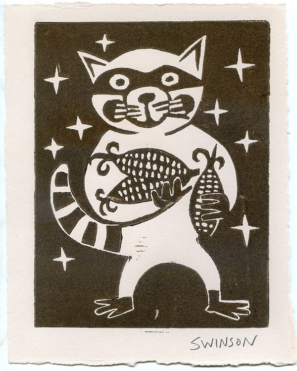 block print of Dog and Cat riding bicycle downhill