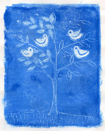 monotype of birds in tree