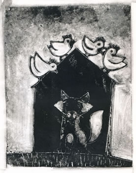 monotype of fox in henhouse
