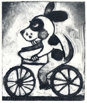 monotype of dog on bike