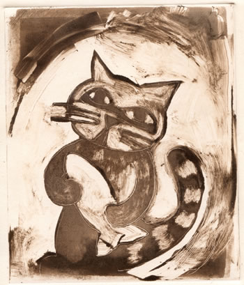 monotype of raccoon holding fish