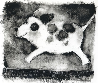 monotype of dog smiling and jumping in air