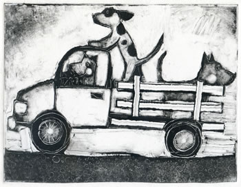monotype of 2 dogs in the back of a truck...a dog driving