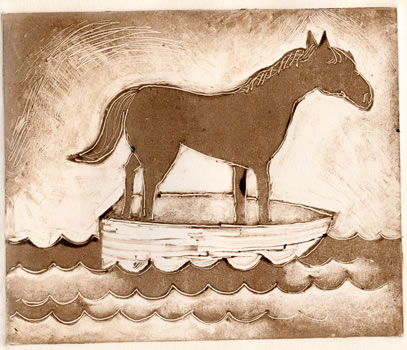 monotype of horse standing in a boat