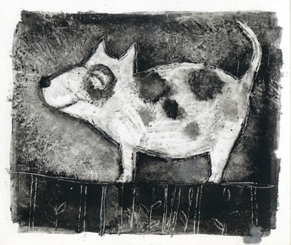 monotype of smiling dog