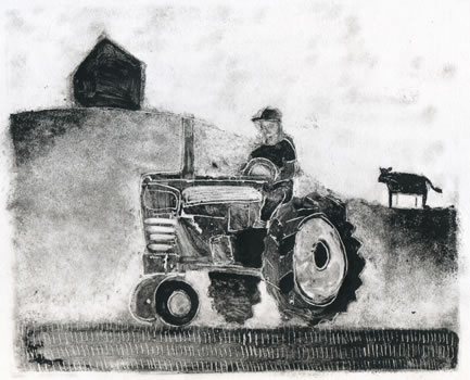 Monotype of farmer on tractor