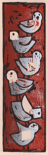 Trying To Fly - Reduction Woodcut of Five Birds standing on each other