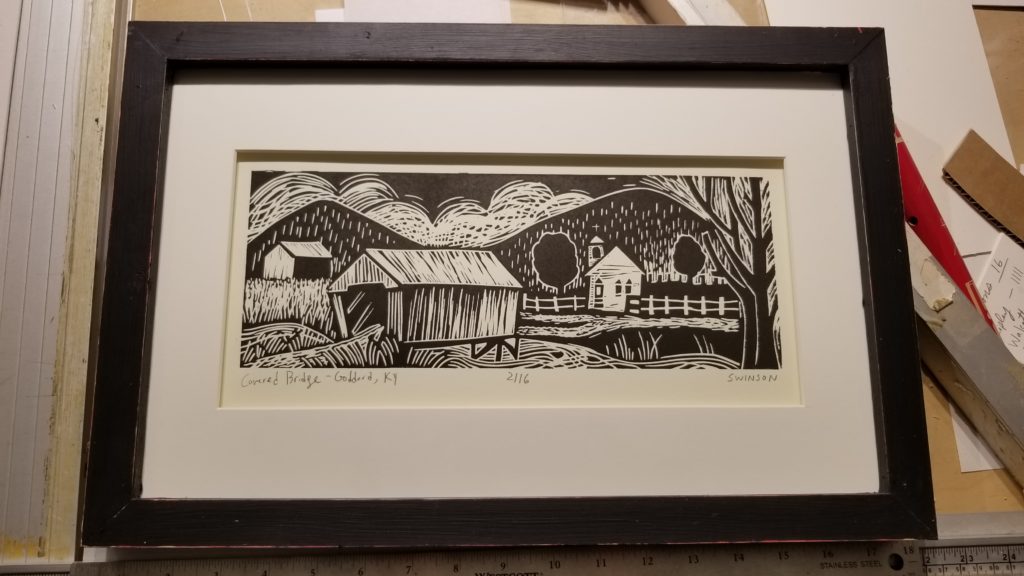 linocut print in a handmade frame walcott covered bridge bracken county kentucky