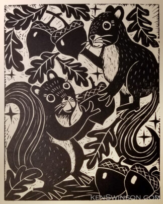 woodcut of two squirrels picking acorns