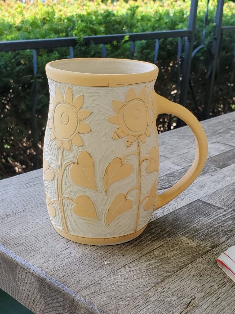 yellow sunflower sgraffito mug