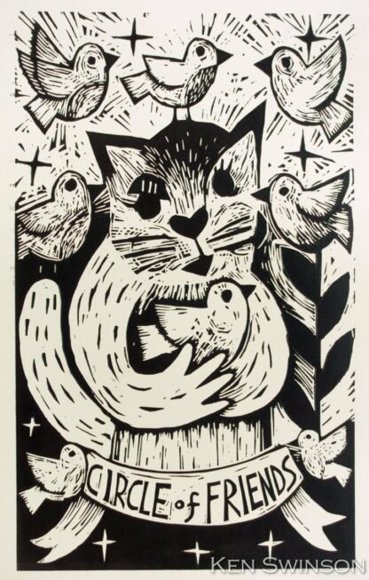 Woodcut of cat with birds