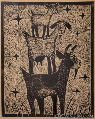 woodcut of 3 goats standing on each others backs