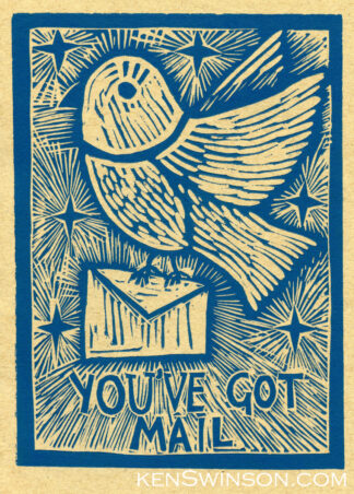 linocut notecard with bird carrying mail