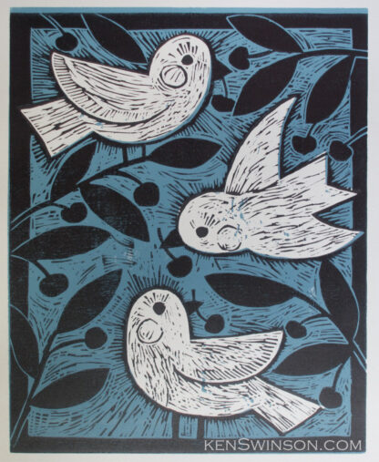 2 color woodcut of birds stealing cherries from a tree