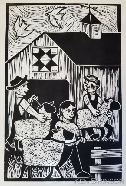 Woodcut of children with lambs at county fair