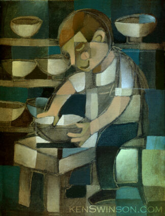 abstract painting by KY artist ken swinson of a potter at the wheel in his studio