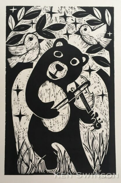 woodcut of a bear playing a fiddle
