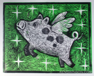 woodcut of flying pig