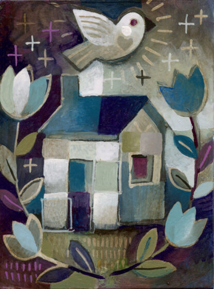 painting by Ken swinson depicting a dove flying over a house