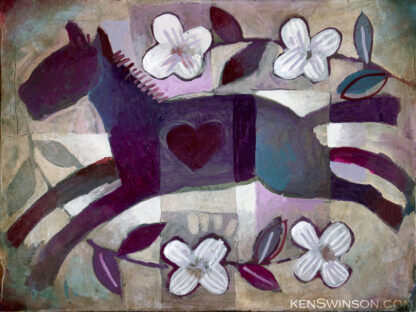 oil painting of horse jumping in flowers