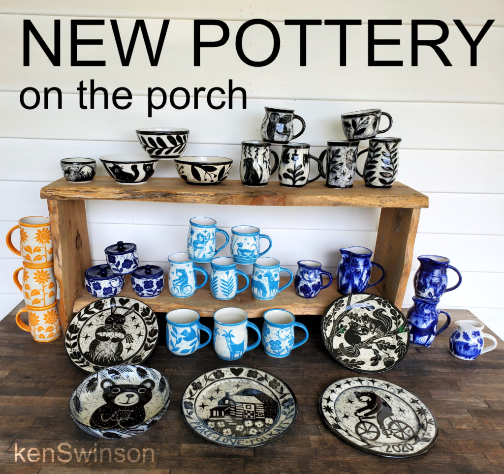 collection of porcelain pottery displayed on a porch