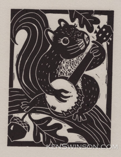 Linocut notecard of a squirrel playing banjo