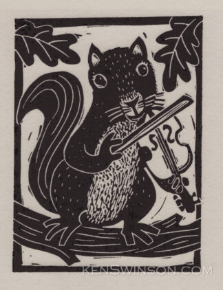 Linocut Notecard of a squirrel playing the fiddle/violin