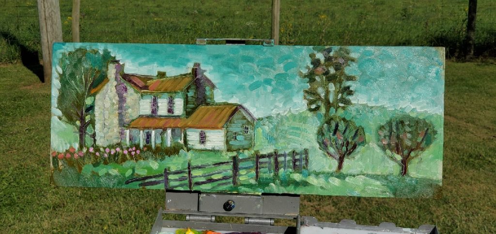 photo of the stone house in May's Lick, Kentucky oil paint