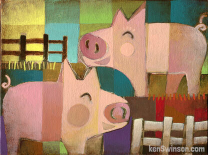abstract folk art style painting of 2 pigs in pen