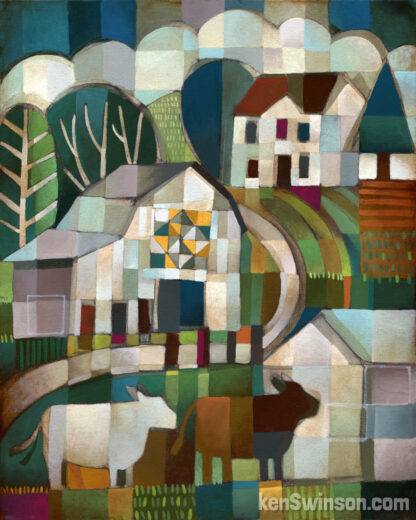folk art style abstract landscape painting of 2 cows standing in front of a quilt barn and house in the distance