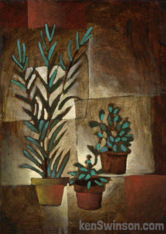 abstract painting of 3 pots with plants growing from them