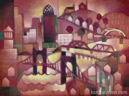abstract style painting of 4 bridges over the ohio river in Cincinnati Ohio