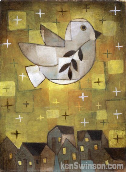 folk art abstract style painting of a dove with olive branch flying over village