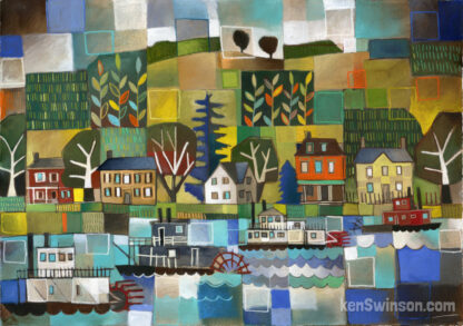 folk art abstract style painting of paddleboats on the river with small kentucky village in the background