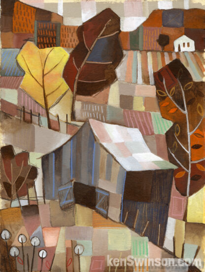 brown folk art abstract style painting of a barn with hills and a valley in the background