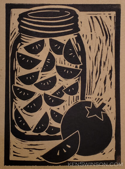 linocut of canned tomatoes