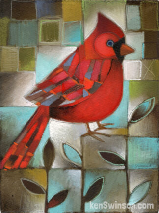 abstract folk art style painting of a red cardinal
