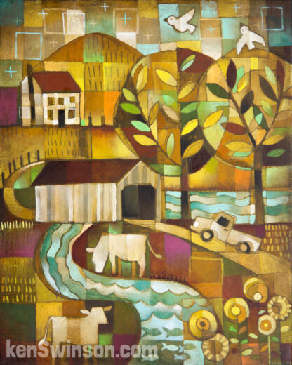 folk art abstract painting of a truck driving through a covered bridge in a country scene