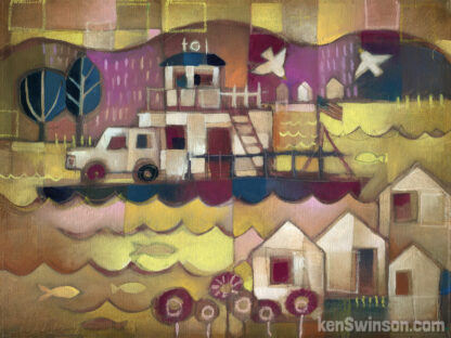 folk art abstract style painting of a ferry boat crossing the ohio river