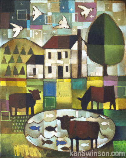 folk art abstract style country painting of 3 cows by a lake with a house in the background
