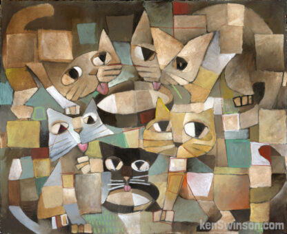 abstract folk art style painting of cats around a bowl of milk