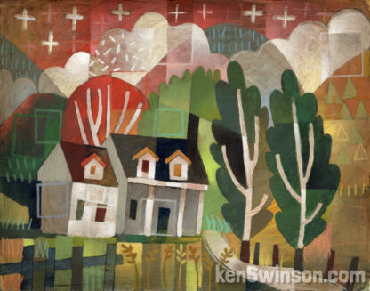 folk art abstract painting of house with mountians and trees
