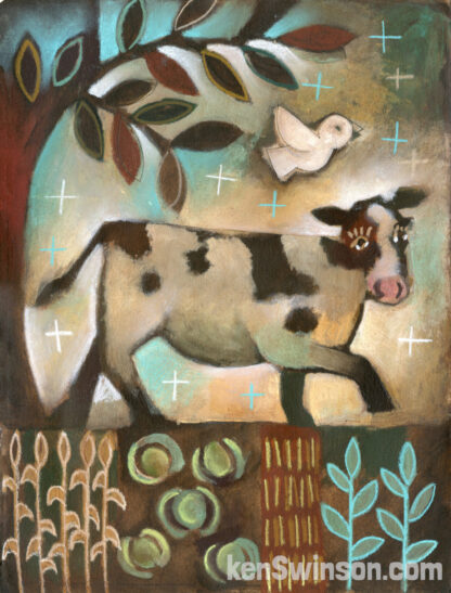 Folk Art Style painting of a cow walking around in a garden
