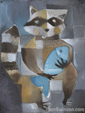 folk art abstract painting of a raccoon holding a fish
