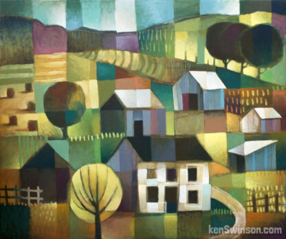 abstract folk art style painting of a rural country scene. a white house with hay bales and barns in the background