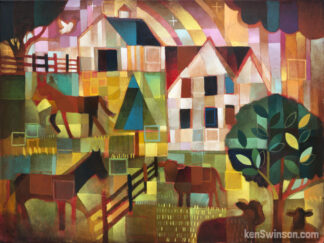 colorful abstract folk art style painting of a house and farm surrounded by horses and cows