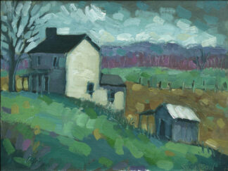 plein air painting by artist ken swinson. a house on a hill with purple hills in the background mason county kentucky